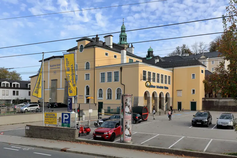 The Augustiner Bräu Kloster Mülln beer hall building in Salzburg