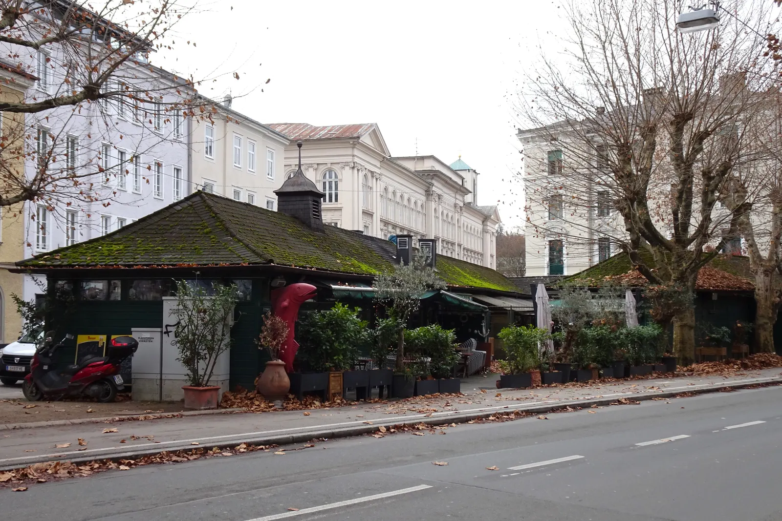 Stalls of the Grünmarkt produce market on Universitätsplatz in Salzburg's Old Town