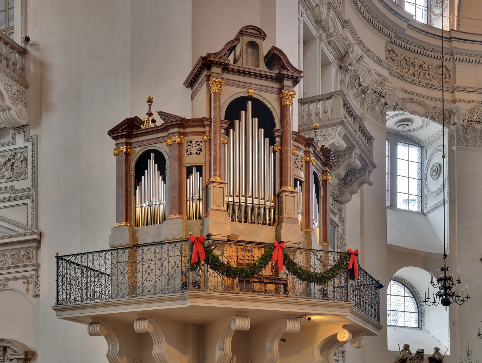 A Baroque organ loft high in the nave of Salzburg Cathedral