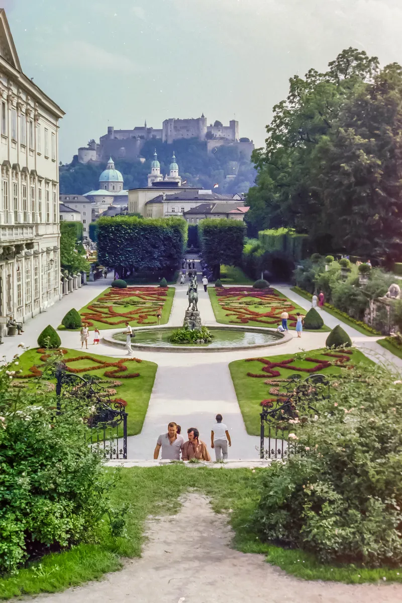 The Mirabell Gardens parterre and roses in bloom in Salzburg