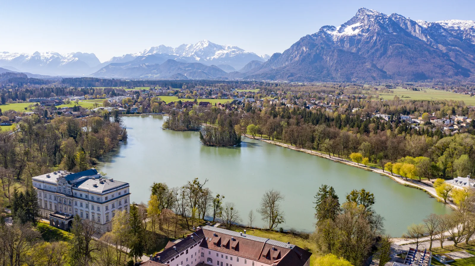 The Leopoldskroner Weiher lake below Schloss Leopoldskron in Salzburg